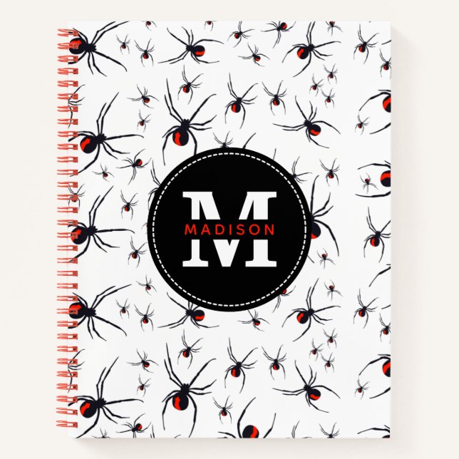 Mit Monogramm School Red & Black Spider Pattern Notizbuch (Vorderseite)