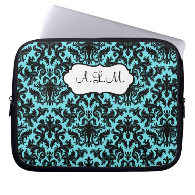 Mit Monogramm Schwarz, Aqua Damask Laptop-Sieb Laptopschutzhülle (Vorderseite)