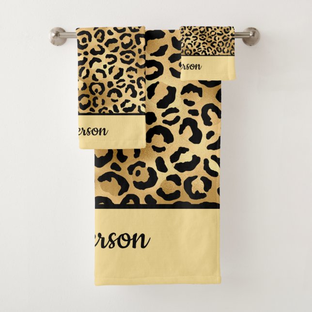 Mit Monogramm Schwarz-Gold-Leopard-PrintCheetah Badhandtuch Set (Insitu)