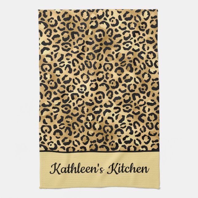 Mit Monogramm Schwarz-Gold-Leopard-PrintCheetah Geschirrtuch (Vertikal)