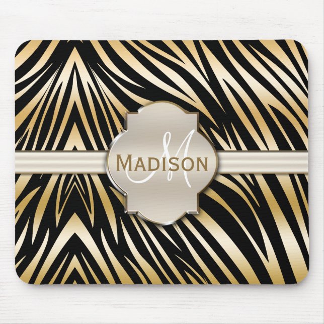 Mit Monogramm Schwarz-Gold-Zebra-Druckmuster Mousepad (Vorne)