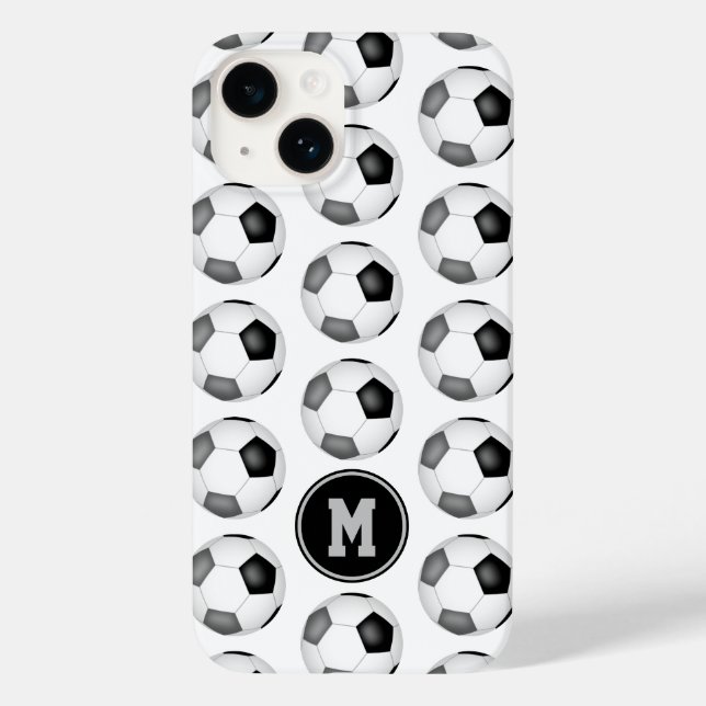 mit Monogramm schwarz-graue Fußballbälle Case-Mate iPhone Hülle (Rückseite)