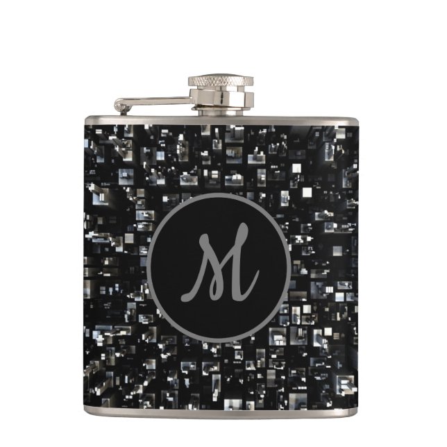 Mit Monogramm-Schwarz-Metal-Mosaik Flachmann (Vorderseite)