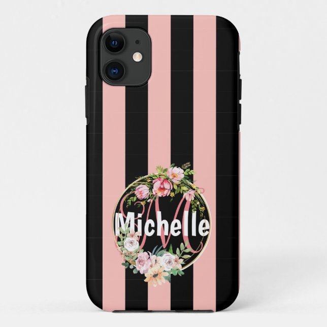 Mit Monogramm schwarz-rosa Streifen-Muster mit Blu Case-Mate iPhone Hülle (Rückseite)