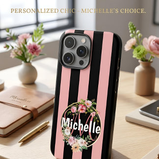 Mit Monogramm schwarz-rosa Streifen-Muster mit Blu iPhone 16 Pro Max Hülle