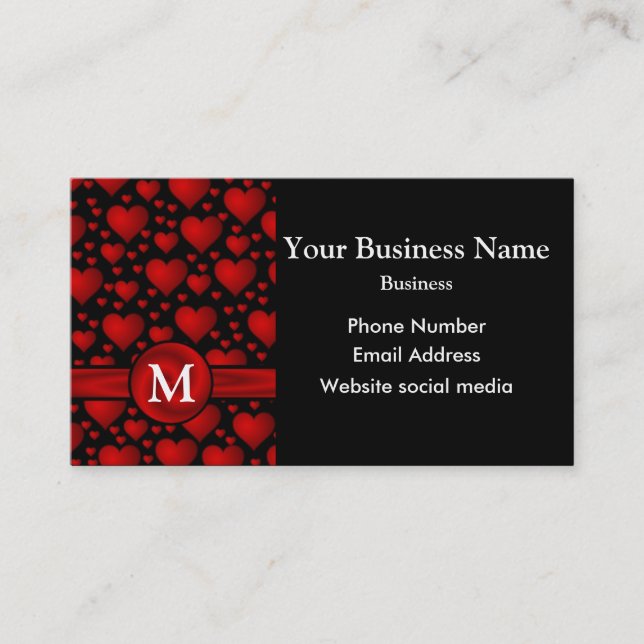Mit Monogramm Schwarz-Rot-Herzmuster Visitenkarte (Vorderseite)