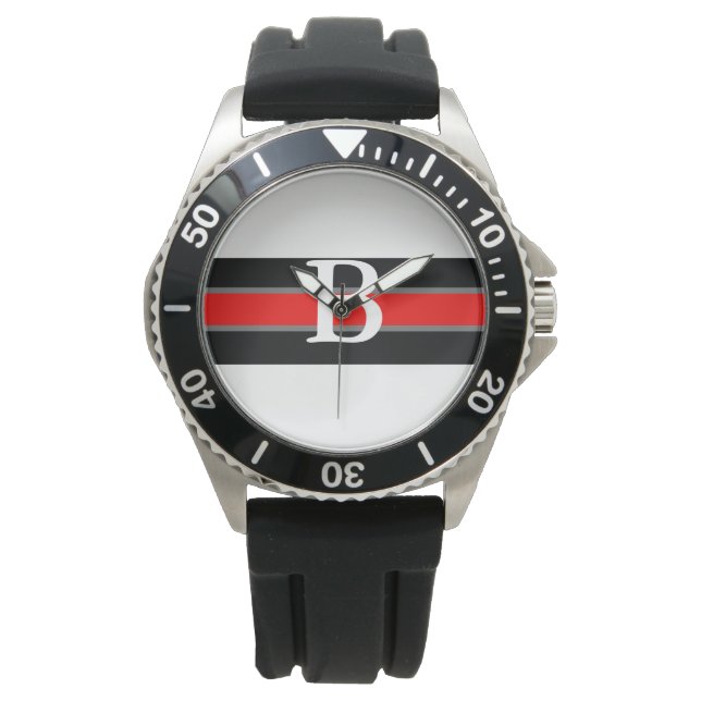 Mit Monogramm Schwarz-Rot-Streifen-Uhr Armbanduhr (Vorderseite)