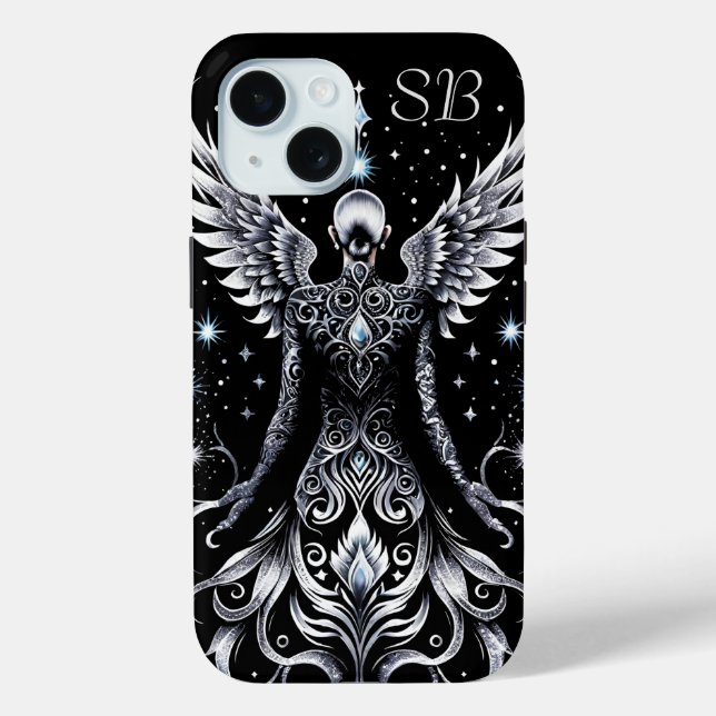 Mit Monogramm Schwarz-Silber-Tattoo-Engel Case-Mate iPhone Hülle (Rückseite)