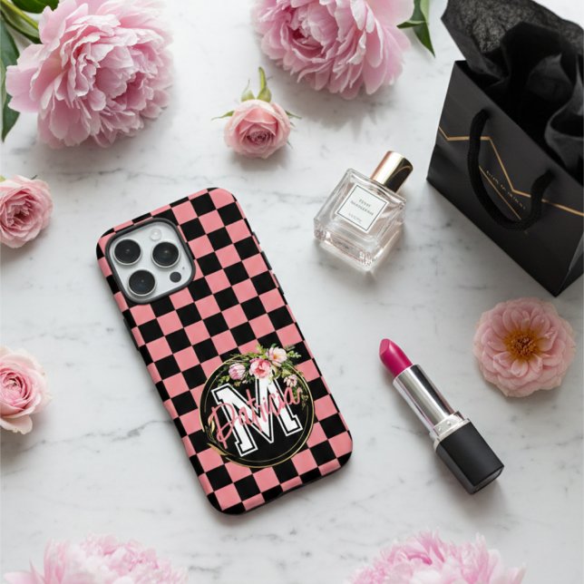 Mit Monogramm Schwarz und PINK Checkered Blume Case-Mate iPhone Hülle (Von Creator hochgeladen)