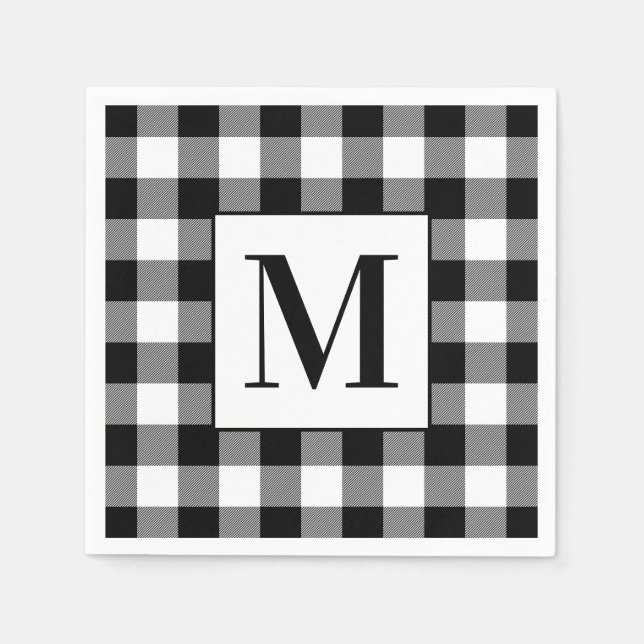 Mit Monogramm Schwarz-Weiß-Buffalo Kariert Serviette (Vorderseite)