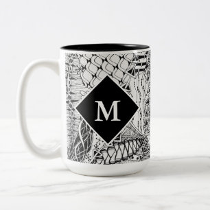 Mit Monogramm Schwarz-Weiß-Doodmuster Art ZIA Zweifarbige Tasse