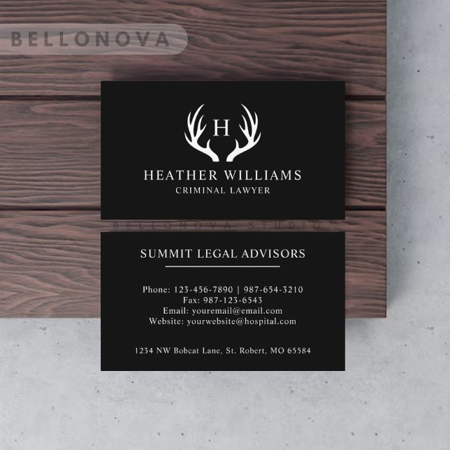 Mit Monogramm Schwarz-Weiß-Hirsch Visitenkarte (Custom Black And White Deer Antler Monogrammed Business Card)