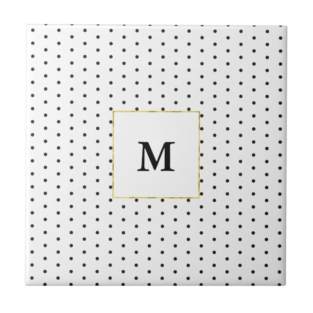 Mit Monogramm Schwarz-Weiß-Polka-Dot-Muster Fliese (Vorderseite)