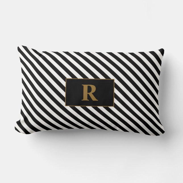 Mit Monogramm Schwarz/Weiß Streifen Lendenkissen (Vorderseite)