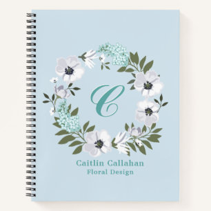 Mit Monogramm Schwarz, Weiß und Aquamarines Blumen Notizbuch