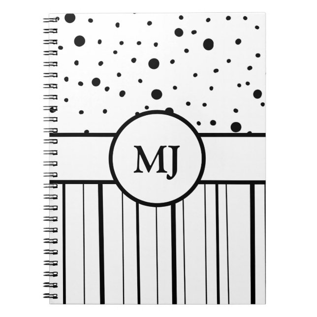 Mit Monogramm Schwarz-weiße Polka-Dosen und Streif Notizblock (Vorderseite)