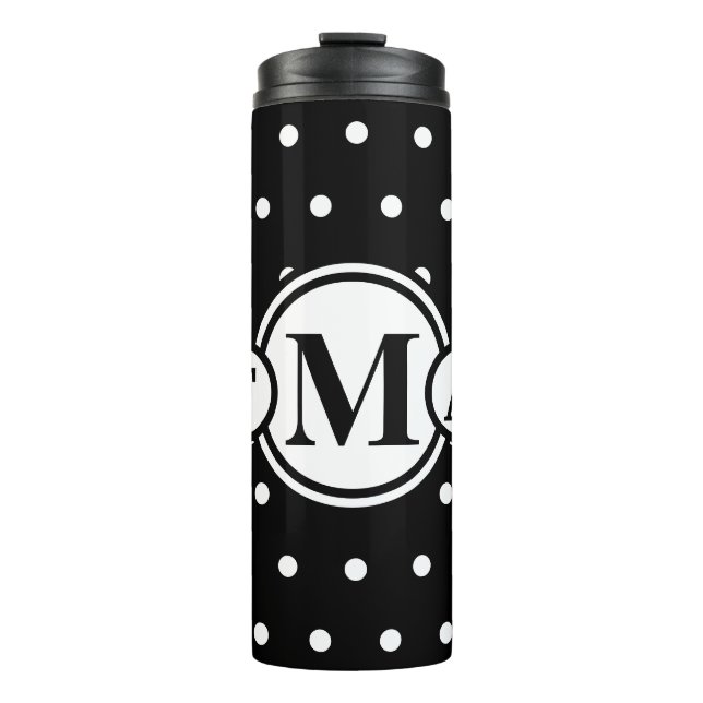 Mit Monogramm Schwarz-weiße Polka Dots Thermosbecher (Vorderseite)
