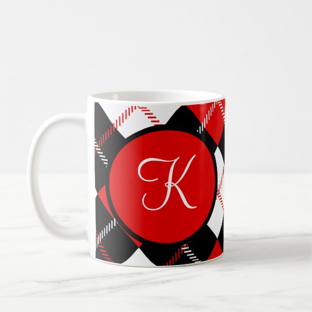 Mit Monogramm Schwarz-weiße Raute Kariert Kaffeetasse (Links)