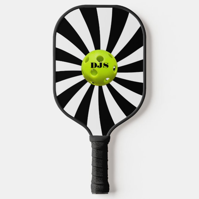 Mit Monogramm Schwarz, weiße Sternexplosion Streif Pickleball Schläger (Vorderseite)