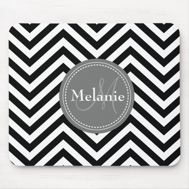 Mit Monogramm Schwarz-weiße Zickzack Quarzfolie Mousepad (Vorne)