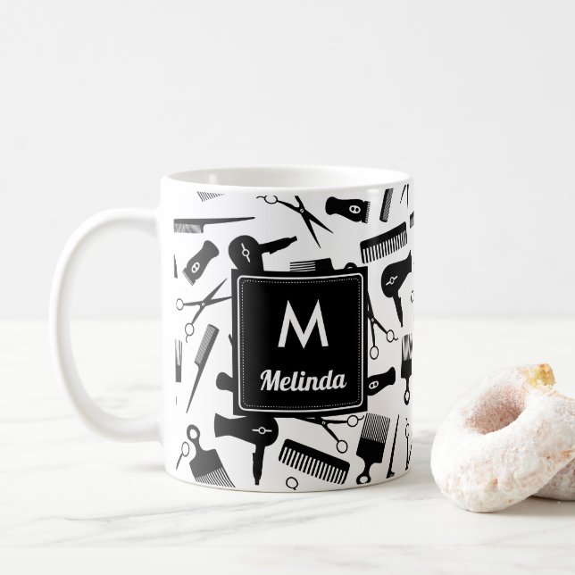 Mit Monogramm Schwarz-weißes Haarmuster Kaffeetasse (Mit Donut)