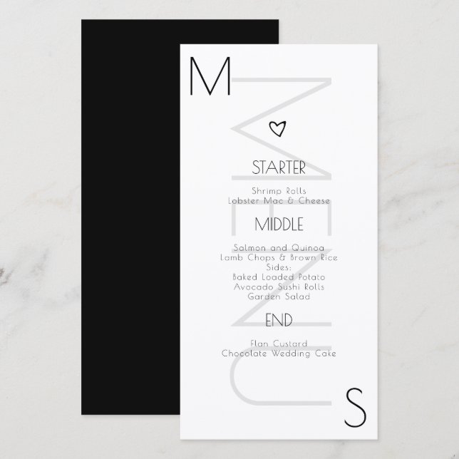 Mit Monogramm Schwarz-weißes Heart Wedding Menu (Vorne/Hinten)