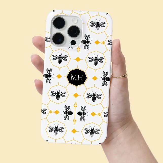 Mit Monogramm Schwarze Beere Gelbe Honeycomb Moder Case-Mate iPhone Hülle (Monogrammed Black Bee Yellow Honeycomb Modern Case-Mate iPhone Case)