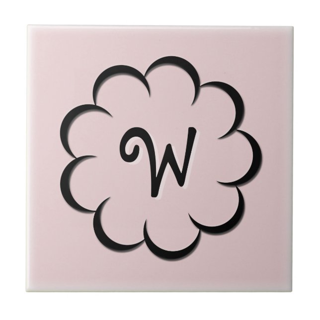 Mit Monogramm Schwarze Blume auf Light Dusty Rose Fliese (Vorderseite)
