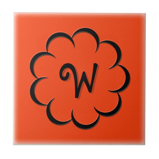 Mit Monogramm Schwarze Blume auf Tango Orange Fliese (Vorderseite)
