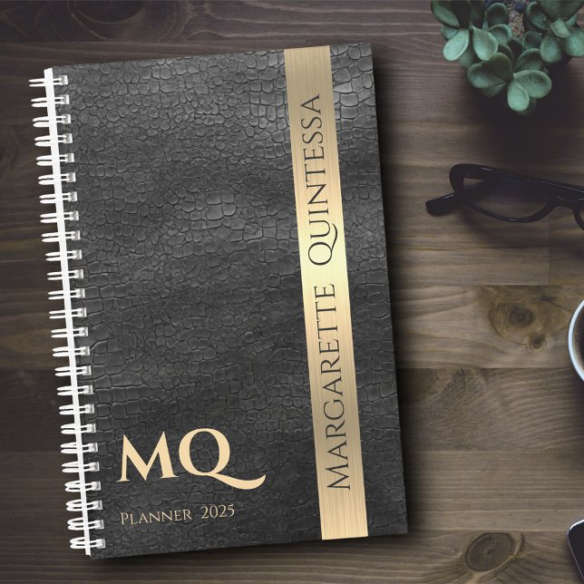 Mit Monogramm Schwarze Leder-Gold-Initialen Name 2 Planer (Von Creator hochgeladen)