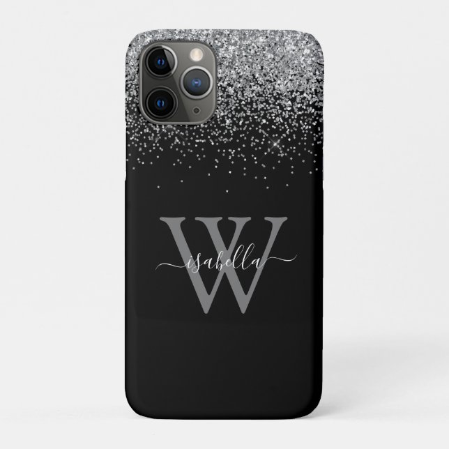 Mit Monogramm Schwarzer Glitzer mit SliverView Ele Case-Mate iPhone Hülle (Rückseite)