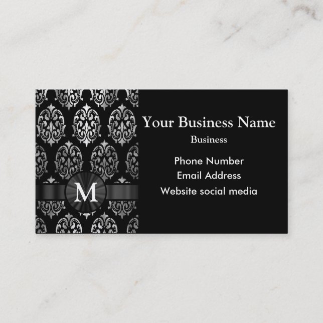 Mit Monogramm schwarzer und silberner Damast Visitenkarte (Vorderseite)