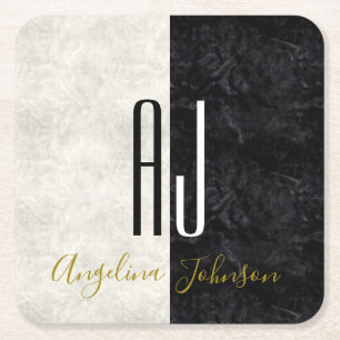 Mit Monogramm schwarzer und weißer Marmor Rechteckiger Pappuntersetzer