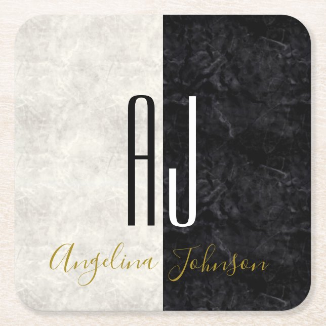 Mit Monogramm schwarzer und weißer Marmor Rechteckiger Pappuntersetzer (Vorderseite)
