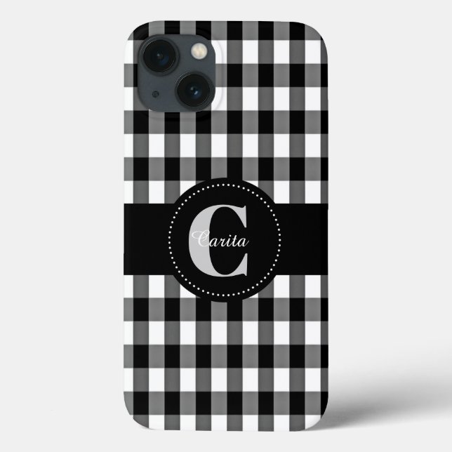 Mit Monogramm schwarzer/weißer Gingham starkes Case-Mate iPhone Hülle (Rückseite)