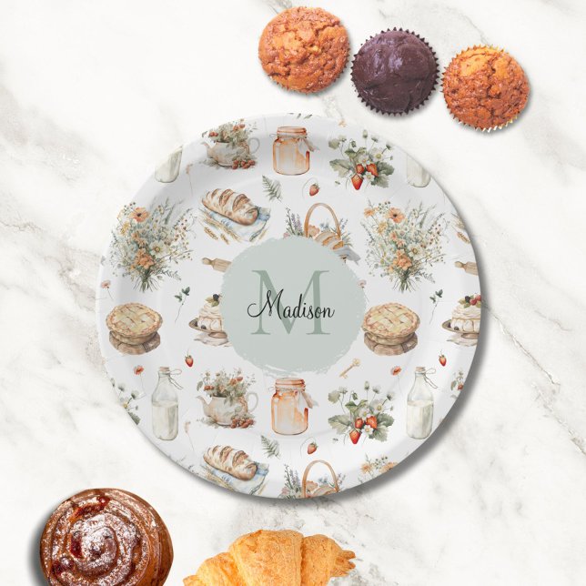 Mit Monogramm schwarzes Erdbeerland Pappteller (In situ)