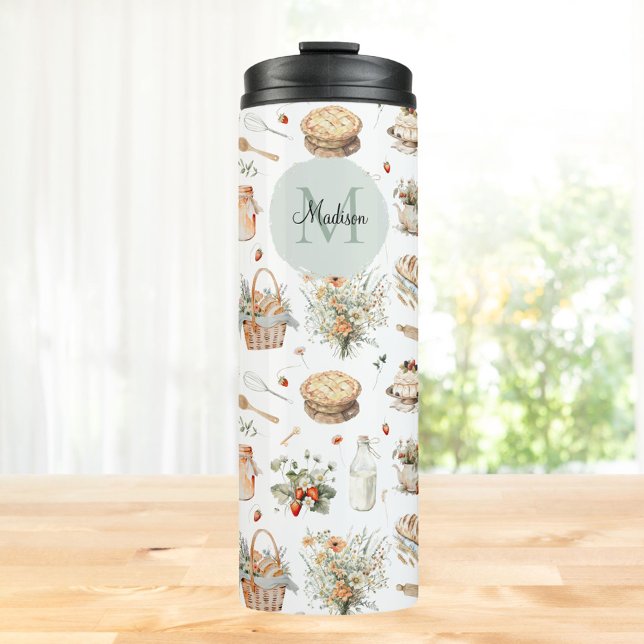 Mit Monogramm schwarzes Erdbeerland Thermosbecher (In situ)