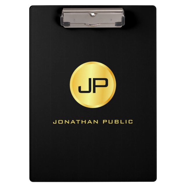 Mit Monogramm Schwarzes Gold Modernes elegantes Te Klemmbrett (Vorderseite)