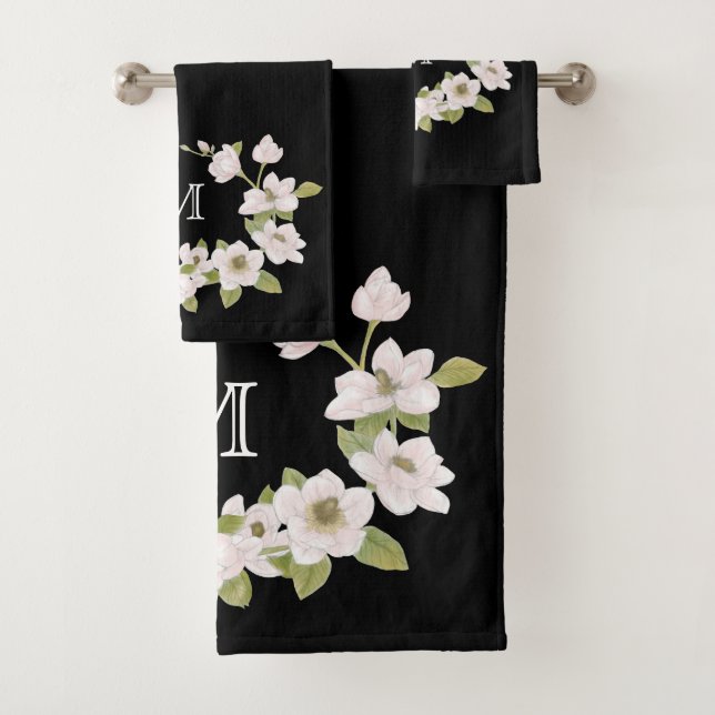 Mit Monogramm schwarzes Magnolien-Tuch-Set Badhandtuch Set (Insitu)