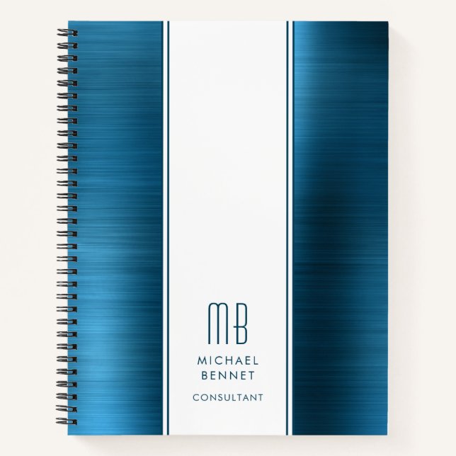 Mit Monogramm Sea Blue Brushed Metallic Business Notizbuch (Vorderseite)