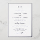 Mit Monogramm Silberhochzeit Folieneinladung<br><div class="desc">Einfach,  elegant und stilvoll präsentiert sich diese formelle Hochzeitseinladung mit einem eleganten Rahmen,  dem Monogramm von Braut und Bräutigam und einem eleganten Kalligraphieskript,  das in echter Silberfolie gepresst wird.</div>
