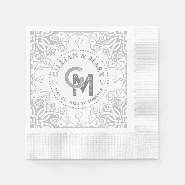 Mit Monogramm Silberhochzeit Napkins Herzgrenze Serviette (Vorderseite)