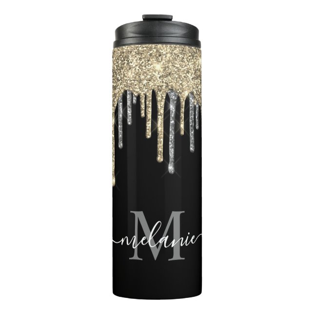 Mit Monogramm Silver- und Gold-Glitzer-Tropfen Thermosbecher (Vorderseite)