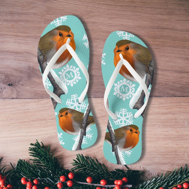 Mit Monogramm Snowflake Robin Bird Weihnachten im  Flip Flops (Perfect for Christmas in July (and the one in December))