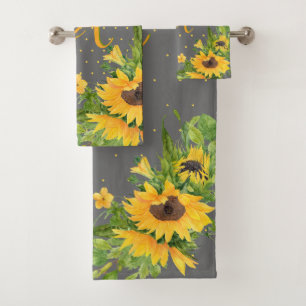 Mit Monogramm Sonnenblumen Gelb-Grau-Dekoration Badhandtuch Set