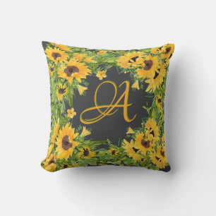 Mit Monogramm Sonnenblumen Graugelbe rustikale Dek Kissen