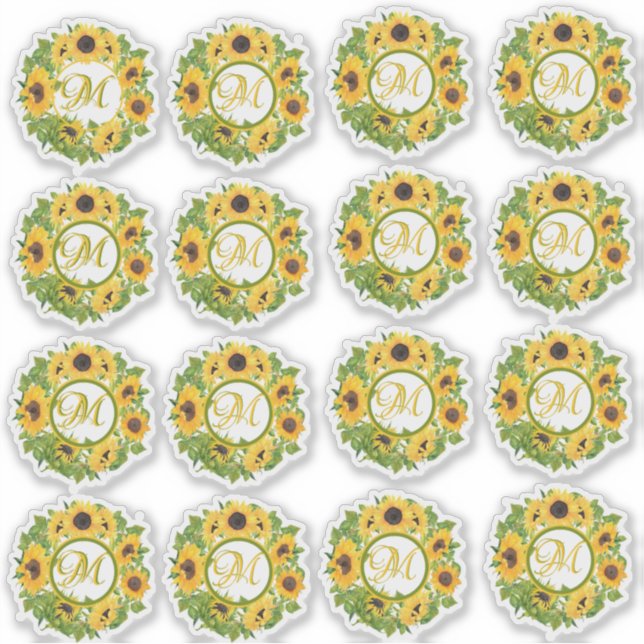 Mit Monogramm Sonnenblumen Muster dekorativ Aufkleber (Vorderseite)