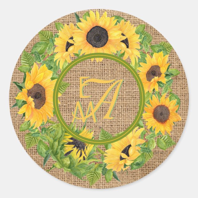 Mit Monogramm Sonnenblumen Muster dekorativ Runder Aufkleber (Vorderseite)