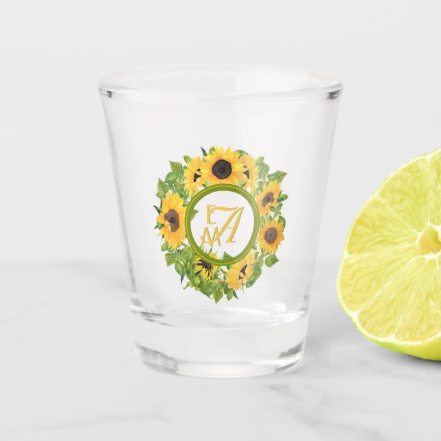 Mit Monogramm Sonnenblumen Muster dekorativ Schnapsglas (Vorderseite)
