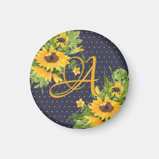 Mit Monogramm Sonnenblumen Navy Blue Yellow Deco Magnet (Vorne)